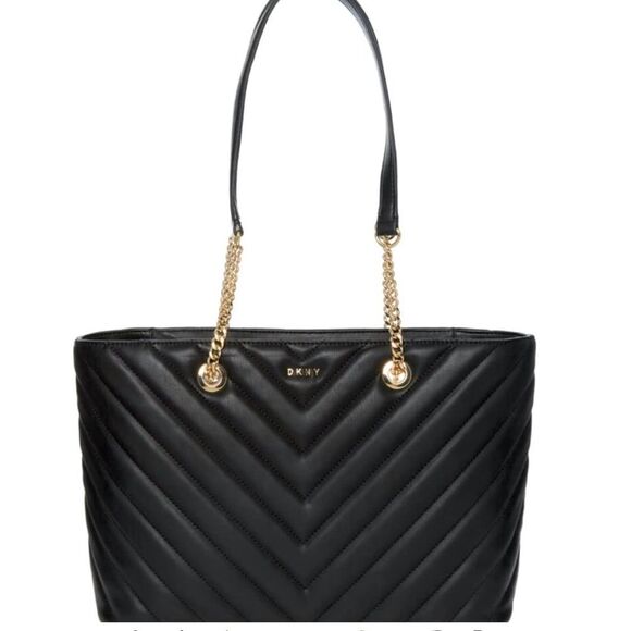 DKNY Veronica Medium Tote Bag Vegan Chevron Stitched Black Leather Shoulder Bag - Picture 1 of 5